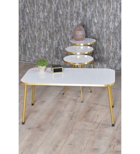 Zigon Sehpa ve Orta Sehpa Kr Gold Metal Ayak Gold Beyaz Set