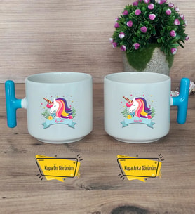 Kişiye Özel Unicorn Kupa Bardak T Mavi Kulplu Arkadaşa Sevgiliye Hediye 