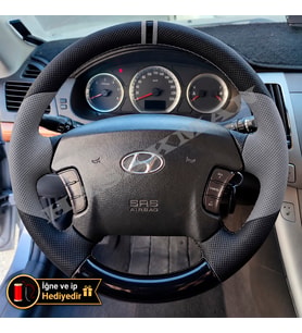 Hyundai Santa Fe Dikme Direksiyon Kılıfı Delikli Deri Parlak Siyah Gri Detay Çift Yüzük ve Dikiş 2001-2006