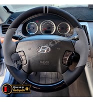 Hyundai Santa Fe Dikme Direksiyon Kılıfı Delikli Deri Parlak Siyah Gri Detay Çift Yüzük ve Dikiş 2001-2006