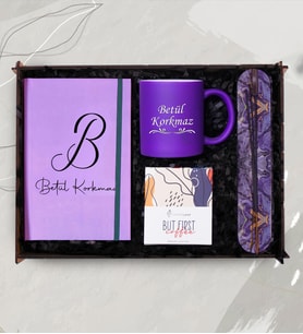 Kişiye Özel Defter, Mor Kupa, Kahve, Tütsü Hediye Seti  & Dekoratif Ahşap Kutulu Premium Hediye Seti