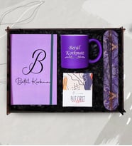 Kişiye Özel Defter, Mor Kupa, Kahve, Tütsü Hediye Seti  & Dekoratif Ahşap Kutulu Premium Hediye Seti