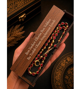 Gold Kırmızı Renklerde Metal Tesbih,Özel Söz Yazılı Ahşap Kutulu, ( Ayyıldız Detaylı )