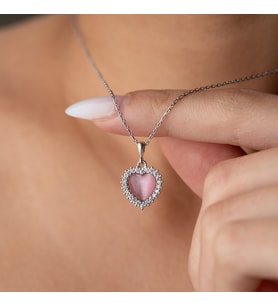 925 Ayar Gümüş Taşlı Bombeli Kedi Pembe Gözü Kalp Kolye (Gold)