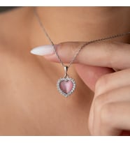 925 Ayar Gümüş Taşlı Bombeli Kedi Pembe Gözü Kalp Kolye (Gold)