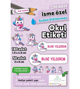 Unicorn Temalı Kişiye Özel İsimli Defter Kalem Okul Etiketi, Yırtılmaz PVC Etiket, Suya Dayanıklı (Beyaz)