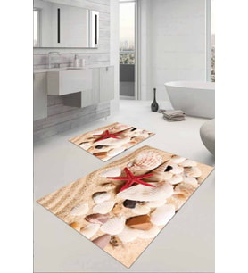 Bej Deniz Kabuklu Banyo Halısı Klozet 2'li Paspas Seti BS028