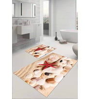 Bej Deniz Kabuklu Banyo Halısı Klozet 2'li Paspas Seti BS028