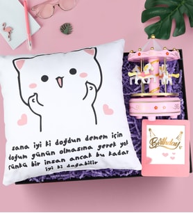Motto Yastık & Çerçeve & Atlı Karınca Müzik Kutusu Doğum Günü Hediye Seti