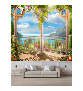Dreamwall Deniz Manzaralı Balkon Desenli Tekstil Duvar Kağıdı (Çok Renkli)