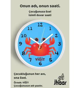 İsme Özel Sevimli Yengeç Çizimli Çocuk Odası Duvar Saati Orta Boy 30 cm Beyaz Camlı Sessiz
