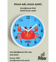 İsme Özel Sevimli Yengeç Çizimli Çocuk Odası Duvar Saati Orta Boy 30 cm Beyaz Camlı Sessiz