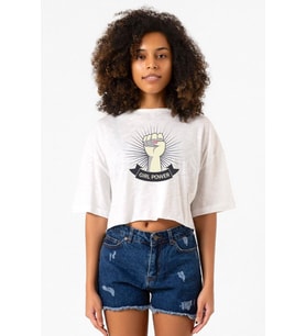 Girl Power Beyaz Kırçıllı Kadın Crop Tshirt