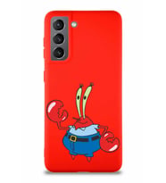 Samsung Galaxy S21 Soft Premier Kapak Bay Yengeç Tasarımlı Silikon Kılıf - Kırmızı (Şeffaf)