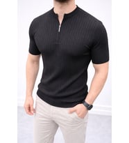 Erkek Kısa Kol Fitilli Triko T-Shirt Yazlık Hakim Yaka Tişört - Siyah