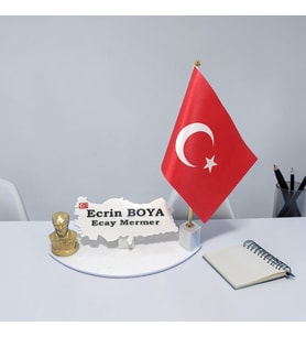 Doğal Beyaz Mermer İsimlik Şanlı Türk Bayrak ve Atatürk'lü