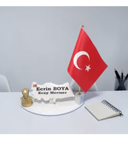 Doğal Beyaz Mermer İsimlik Şanlı Türk Bayrak ve Atatürk'lü