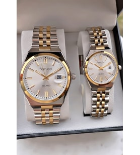 Ferrucci Milano Çift Kol Saati Seti – Erkek & Kadın, Sarı Gümüş Çelik Kordon, Beyaz Kadran, Şık Hediye Seti