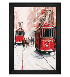 İstiklal Caddesi ve Tramvaylar Motifli Kanvas Tablo 80 x 110 cm Siyah Çerçeve