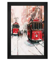 İstiklal Caddesi ve Tramvaylar Motifli Kanvas Tablo 80 x 110 cm Siyah Çerçeve