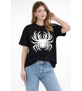 Kadın Örümcek Baskılı Tişört Kısa Kollu Bisiklet Yaka T-Shirt - Siyah