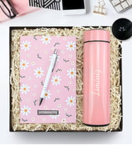 Kişiye Özel Pembe 500ml Dereceli Termos & Pembe Desenli Defter & Gümüş Renk Detaylı Beyaz Tükenmez Kalem Hediye Seti