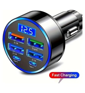 6 Portlu Hızlı Araç Şarj Cihazı – 4 Usb + 2 Type-c Çıkışlı Dijital Göstergeli Oto Şarjı