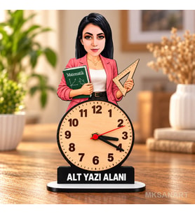Fotoğraftan Kişiye Özel Kadın Öğretmen Karikatürlü 18 cm MDF Dikey Masa Saati - Öğretmen Hediyesi Öğretmenler Günü Hediyesi Matematik,