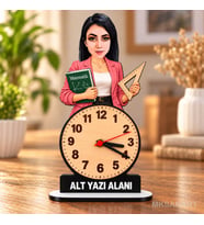 Fotoğraftan Kişiye Özel Kadın Öğretmen Karikatürlü 18 cm MDF Dikey Masa Saati - Öğretmen Hediyesi Öğretmenler Günü Hediyesi Matematik,