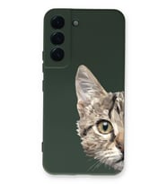 Samsung Galaxy S22 Plus Uyumlu Lansman Kılıf Catface Tasarımlı İçi Kadife Kapak-Yeşil (Şeffaf)