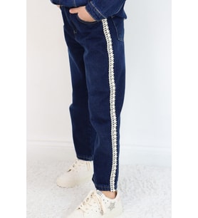 Breeze Kız Çocuk Jean Pantolon Yanları Şerit Güpür Detaylı 3-7 Yaş, Koyu Mavi
