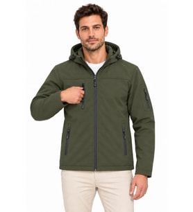Erkek Su Geçirmez Softshell İçi Polar Astarlı Çıkarılabilir Kapüşonlu 4 Cepli Mont Ceket - Haki