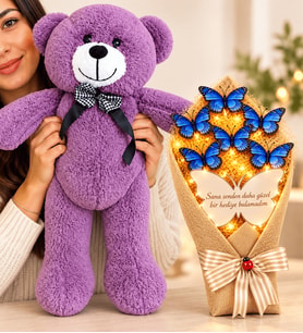 50 cm Büyük Boy Mor Peluş Ayıcık ve LED Işıklı Aynalı Mavi Kelebek Buketi Sevgiliye Hediye
