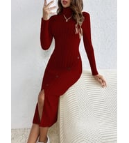 Kadın Uzun Kollu Balıkçı Yaka Yırtmaçlı Düğmeli şardonlu Kaşkorse Elbise (Bordo)