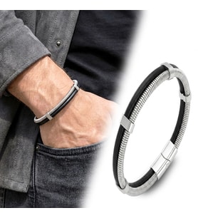 Moncuk Design Spiral Çelik Zincir Ve Deri Bileklik 3351BLK1001