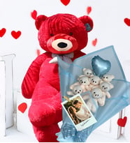 Kişiye ÖZEL Fotoğraflı ve Mesajlı Balonlu Romantik Mavi Peluş Ayıcık Buketi ve 90 cm Sevimli Peluş Ayıcık (Kırmızı)