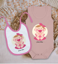 BK Kids Kişiye Özel İsimli Pembe %100 Pamuklu Askılı Sıfır Kol Bebek Body Zıbın ve Mama Önlüğü Hediye Seti-4