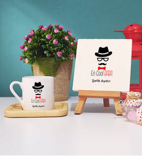 Baba Ahşap Altlıklı Türk Kahvesi Fincanı ve Dekoratif Taş Baskı