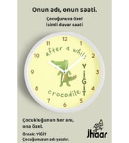 İsme Özel Sevimli Timsah Çocuk Odası Duvar Saati Orta Boy 30 cm Beyaz Camlı Sessiz