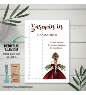 Hediyelik Kart - Kırmızı Elbiseli Kına Kızı Tasarım Kına Gecesi Hatırası Makrome Anahtalık, Toka, Kurabiye, Kahve Kartı