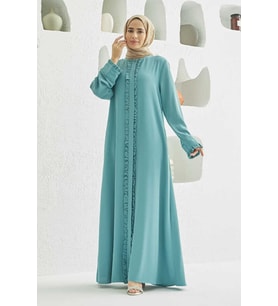 6607-Fırfırlı Krep Ferace Mint Yeşili