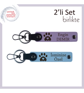 Veteriner İçin Anlamlı Teşekkür Hediyesi, Kalpli Pati Figürlü Kişisel Deri Anahtarlık, Mor-Gök Mavi
