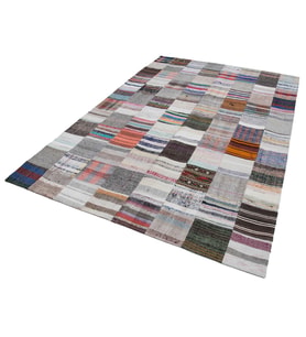 Gri Halı Salon Halısı Patchwork Dokulu Bohem Tarz El Dokuma Yün Pamuk Kilim Zemin Kaplama