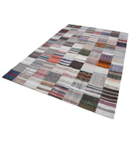 Gri Halı Salon Halısı Patchwork Dokulu Bohem Tarz El Dokuma Yün Pamuk Kilim Zemin Kaplama