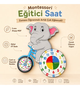Sevimli Fil Betty Bisiklet Sürüyor Montessori Çocuk Odası Eğitici Ahşap Duvar Saati - Sessiz, Şık