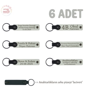 Evlilik Yıldönümü Hediyesi, İsme Özel, 6'lı Hatıra Deri Anahtarlık Set, Beyaz & Lacivert
