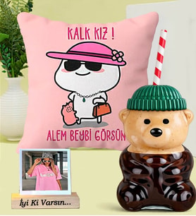 Kişiye Özel Kalk Kız Alem Beybi Görsün Yastık & Bearista Şapkalı Ayıcık Pipetli