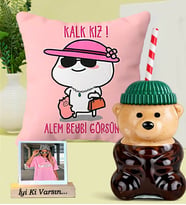 Kişiye Özel Kalk Kız Alem Beybi Görsün Yastık & Bearista Şapkalı Ayıcık Pipetli