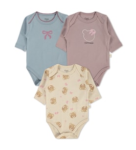 Civil Baby 3 lü Ayıcık Empirmeli Uzun Kol 0-36 Ay Çıtçıtlı Badi - Bej
