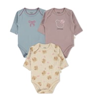Civil Baby 3 lü Ayıcık Empirmeli Uzun Kol 0-36 Ay Çıtçıtlı Badi - Bej
